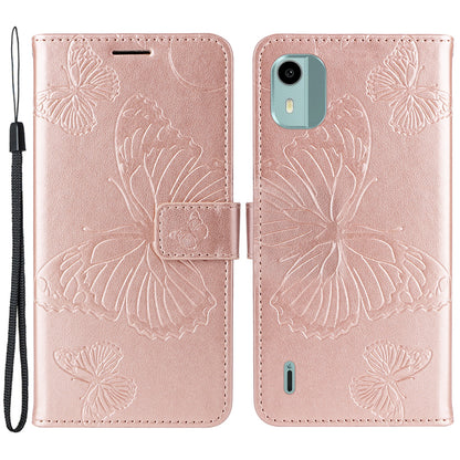 KT Imprinting Flower Series-2 Leather Phone Case for Nokia C12 4G / C12 Plus / C12 Pro , Stand Wallet Butterfly Flower Imprinted Cover