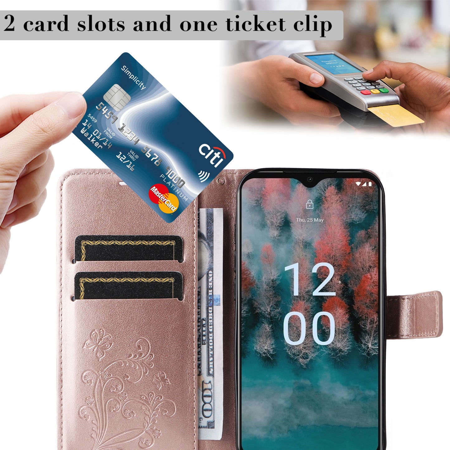 KT Imprinting Flower Series-2 Leather Phone Case for Nokia C12 4G / C12 Plus / C12 Pro , Stand Wallet Butterfly Flower Imprinted Cover