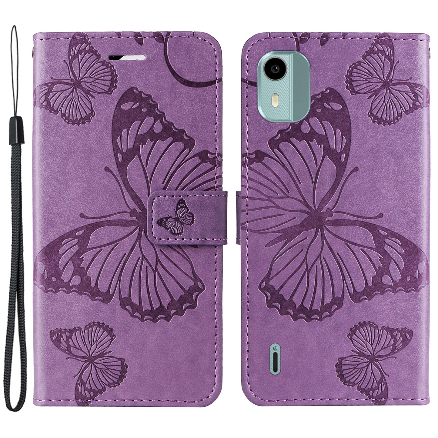 KT Imprinting Flower Series-2 Leather Phone Case for Nokia C12 4G / C12 Plus / C12 Pro , Stand Wallet Butterfly Flower Imprinted Cover