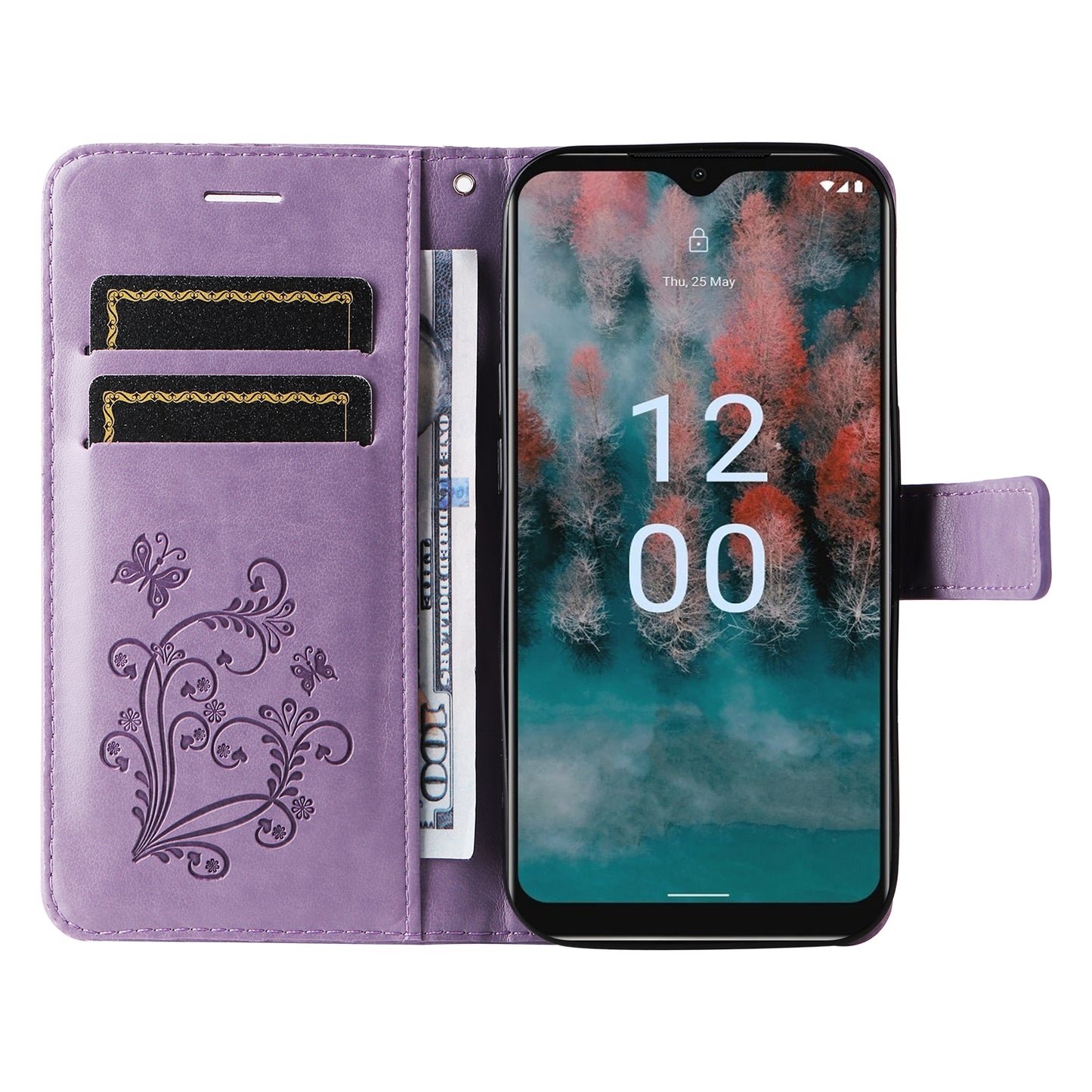 KT Imprinting Flower Series-2 Leather Phone Case for Nokia C12 4G / C12 Plus / C12 Pro , Stand Wallet Butterfly Flower Imprinted Cover
