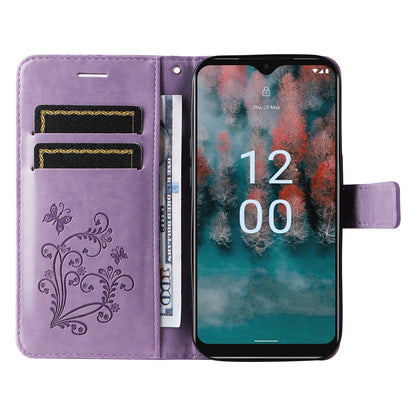 KT Imprinting Flower Series-2 Leather Phone Case for Nokia C12 4G / C12 Plus / C12 Pro , Stand Wallet Butterfly Flower Imprinted Cover