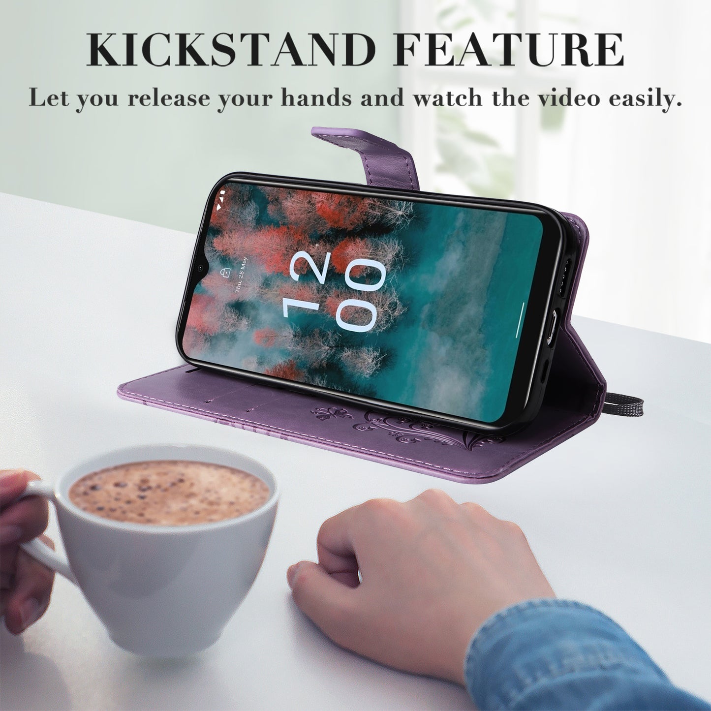 KT Imprinting Flower Series-2 Leather Phone Case for Nokia C12 4G / C12 Plus / C12 Pro , Stand Wallet Butterfly Flower Imprinted Cover