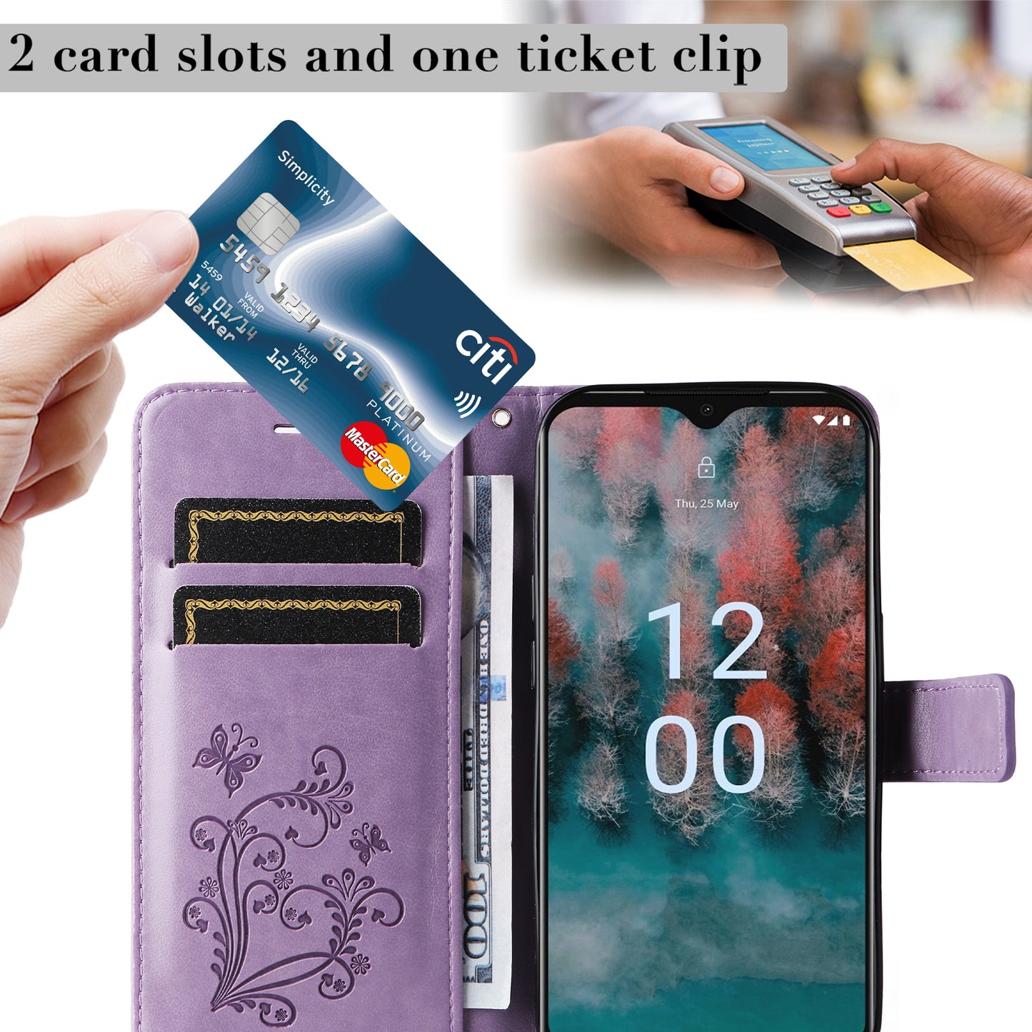 KT Imprinting Flower Series-2 Leather Phone Case for Nokia C12 4G / C12 Plus / C12 Pro , Stand Wallet Butterfly Flower Imprinted Cover