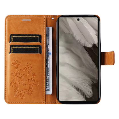 KT Imprinting Flower Series-2 For Google Pixel 7a PU Leather Stand Cover Butterfly Flower Imprinted Wallet Phone Case