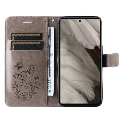 KT Imprinting Flower Series-2 For Google Pixel 7a PU Leather Stand Cover Butterfly Flower Imprinted Wallet Phone Case