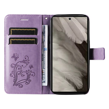 KT Imprinting Flower Series-2 For Google Pixel 7a PU Leather Stand Cover Butterfly Flower Imprinted Wallet Phone Case