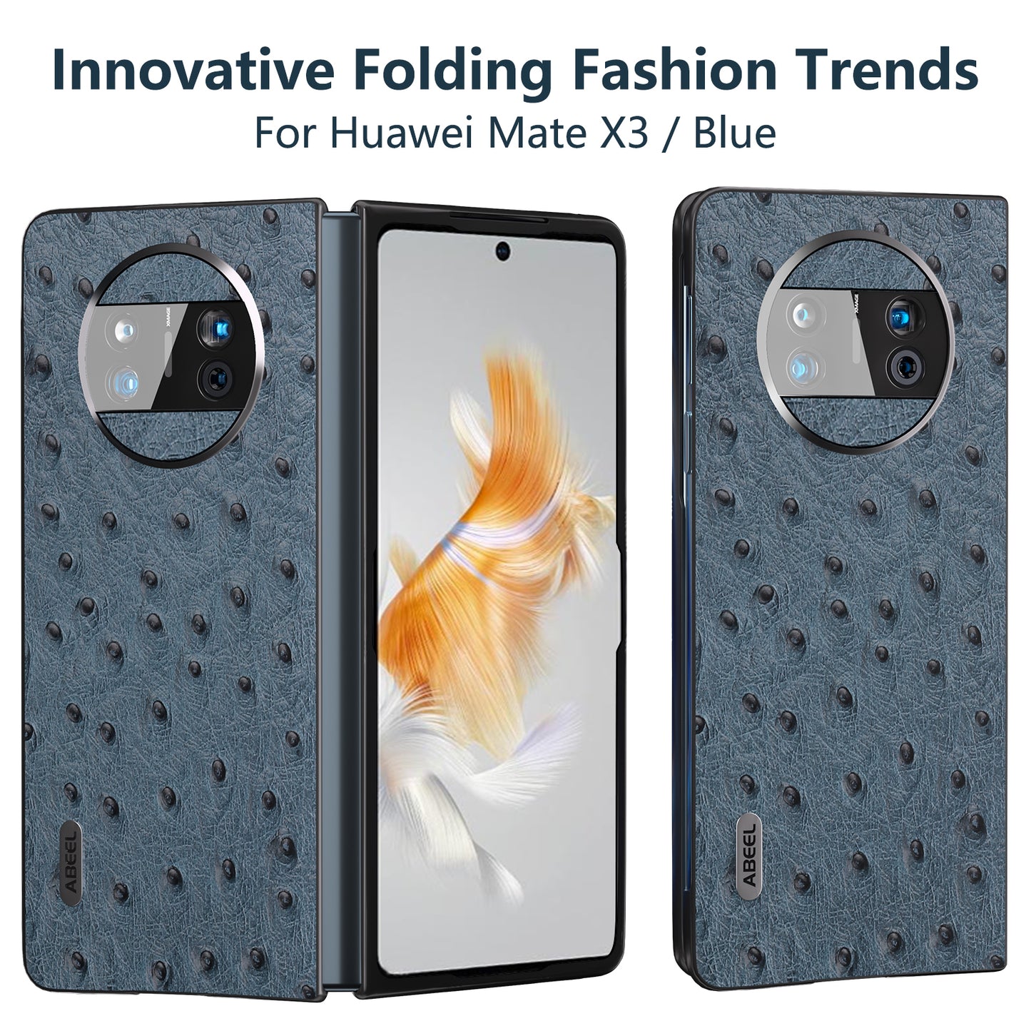 For Huawei Mate X3 5G Anti-Drop Phone Case Ostrich Texture PC TPU Genuine Cow Leather Back Cover