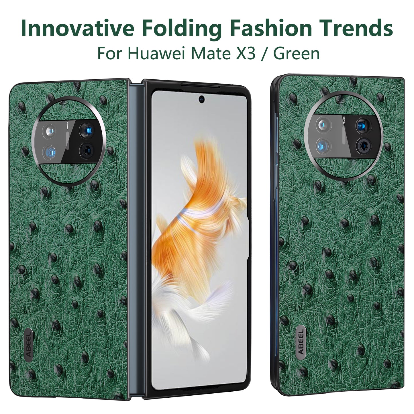 For Huawei Mate X3 5G Anti-Drop Phone Case Ostrich Texture PC TPU Genuine Cow Leather Back Cover
