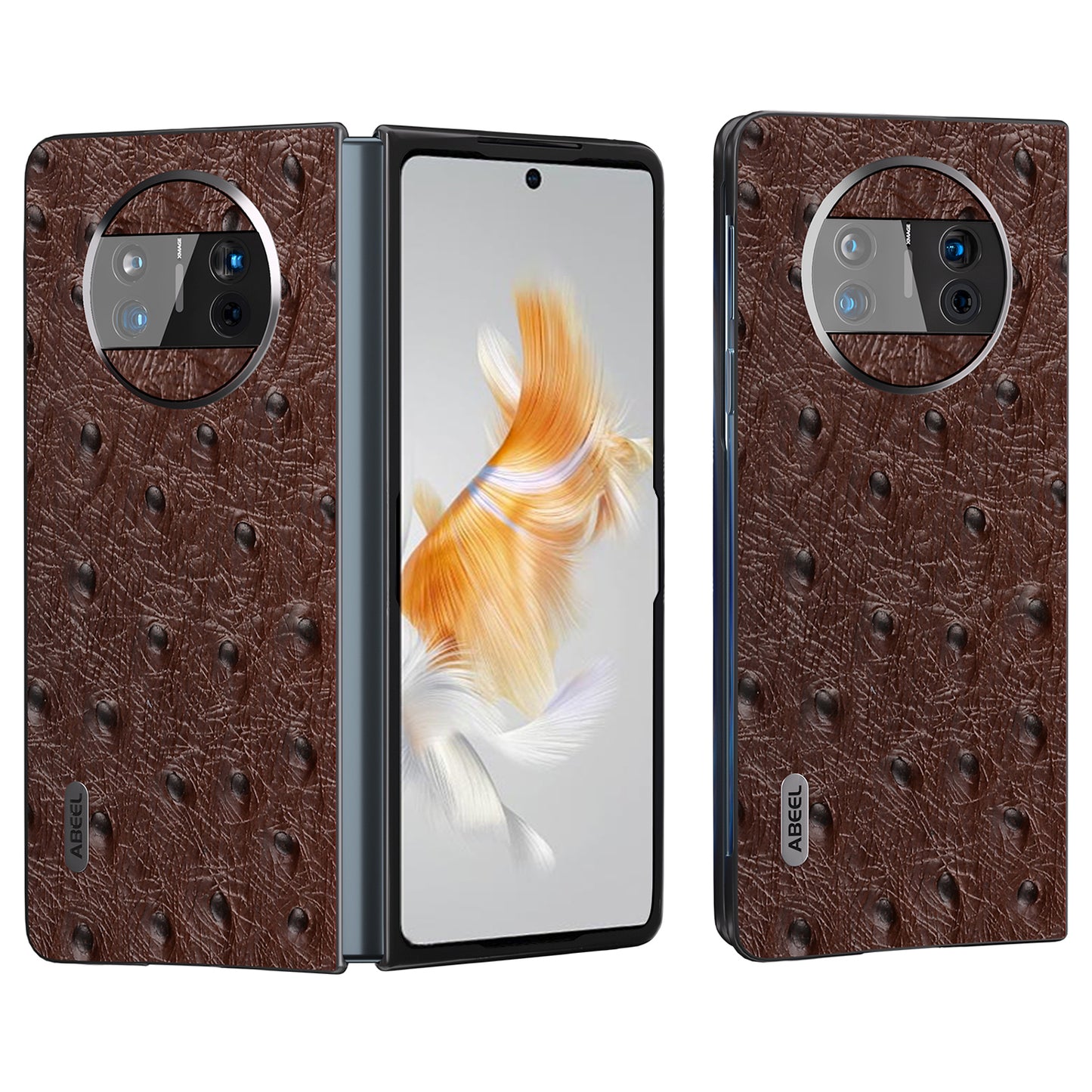 For Huawei Mate X3 5G Anti-Drop Phone Case Ostrich Texture PC TPU Genuine Cow Leather Back Cover