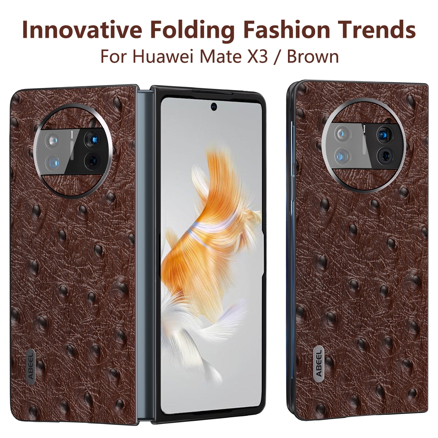For Huawei Mate X3 5G Anti-Drop Phone Case Ostrich Texture PC TPU Genuine Cow Leather Back Cover