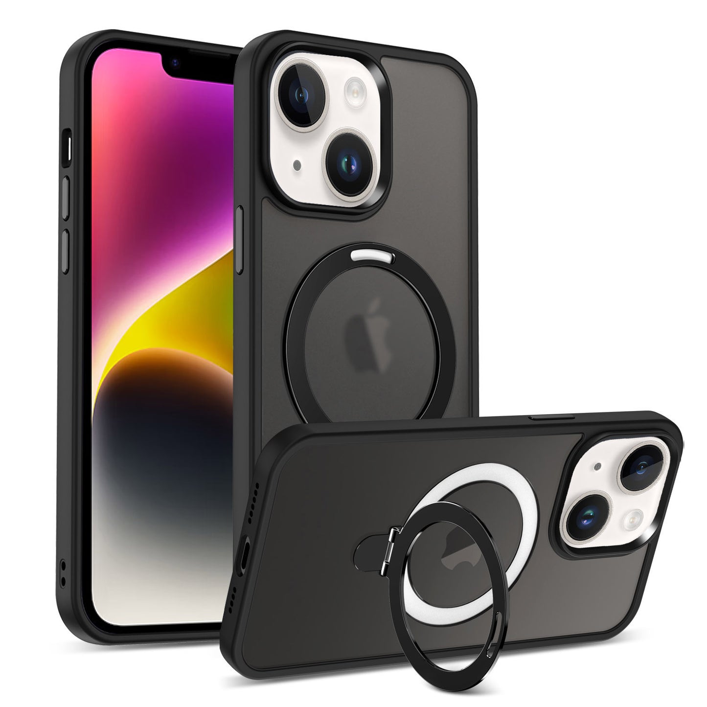 For iPhone 13 / 14 6.1 inch Compatible with MagSafe Phone Case PC+TPU Ring Kickstand Protective Cover