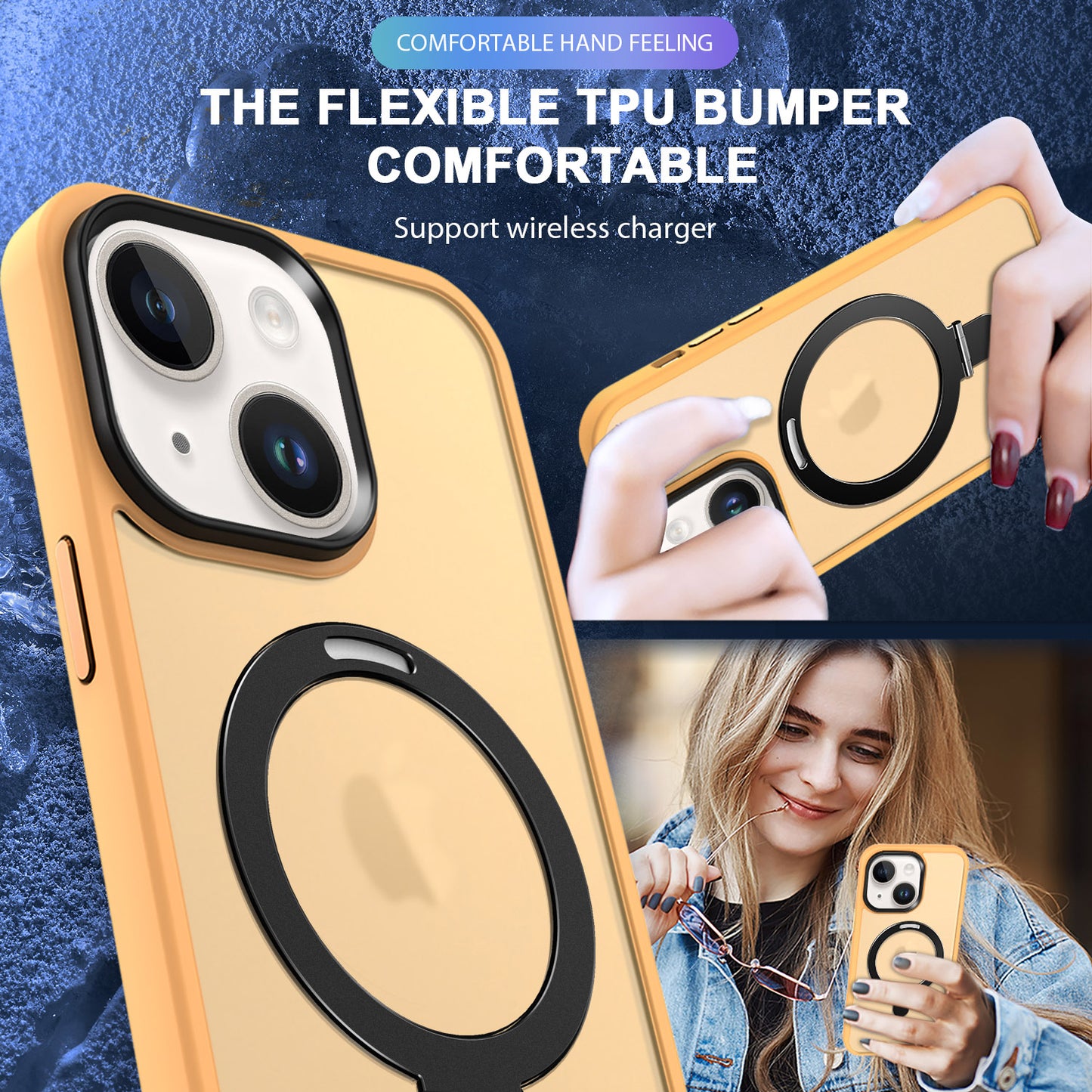 For iPhone 13 / 14 6.1 inch Compatible with MagSafe Phone Case PC+TPU Ring Kickstand Protective Cover