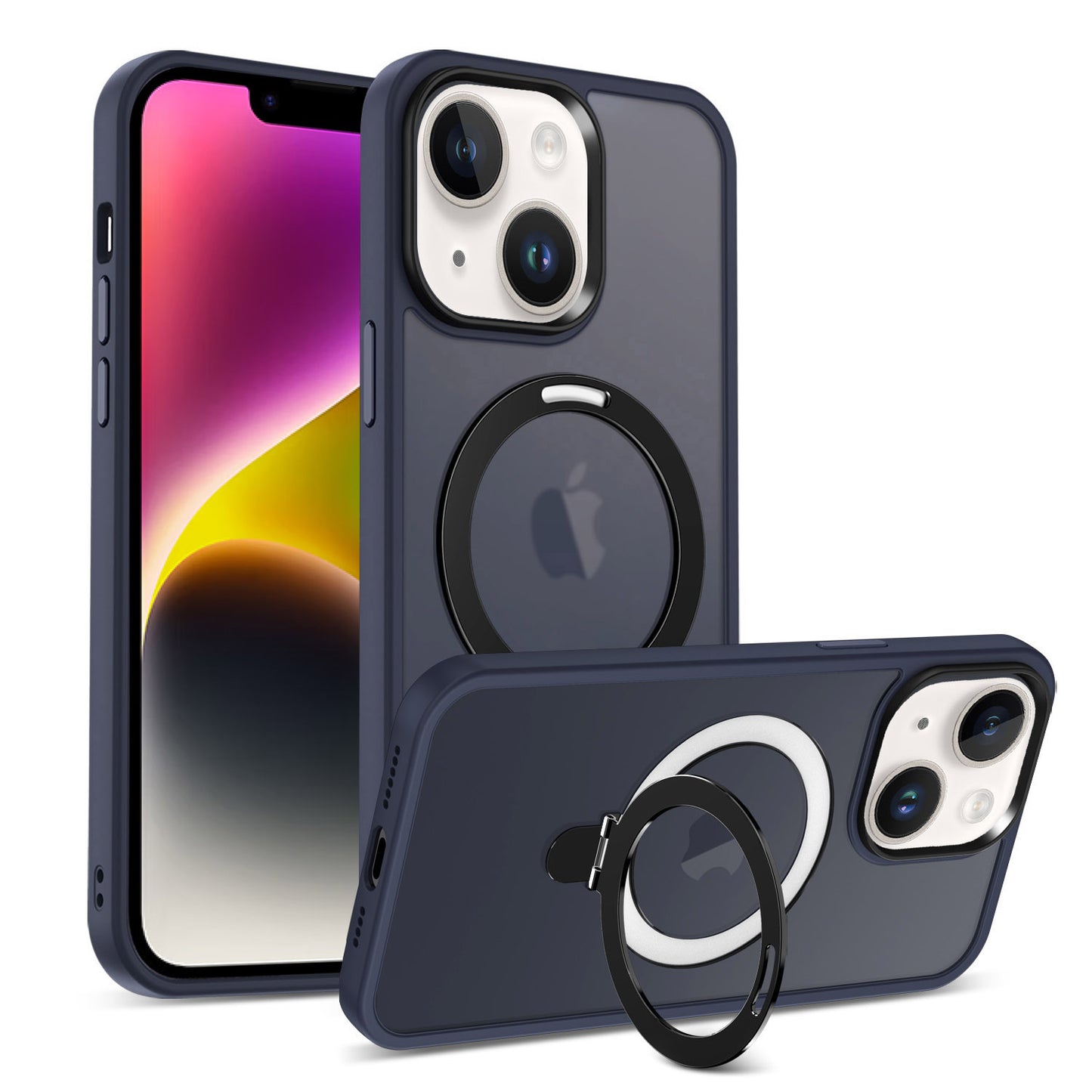 For iPhone 13 / 14 6.1 inch Compatible with MagSafe Phone Case PC+TPU Ring Kickstand Protective Cover