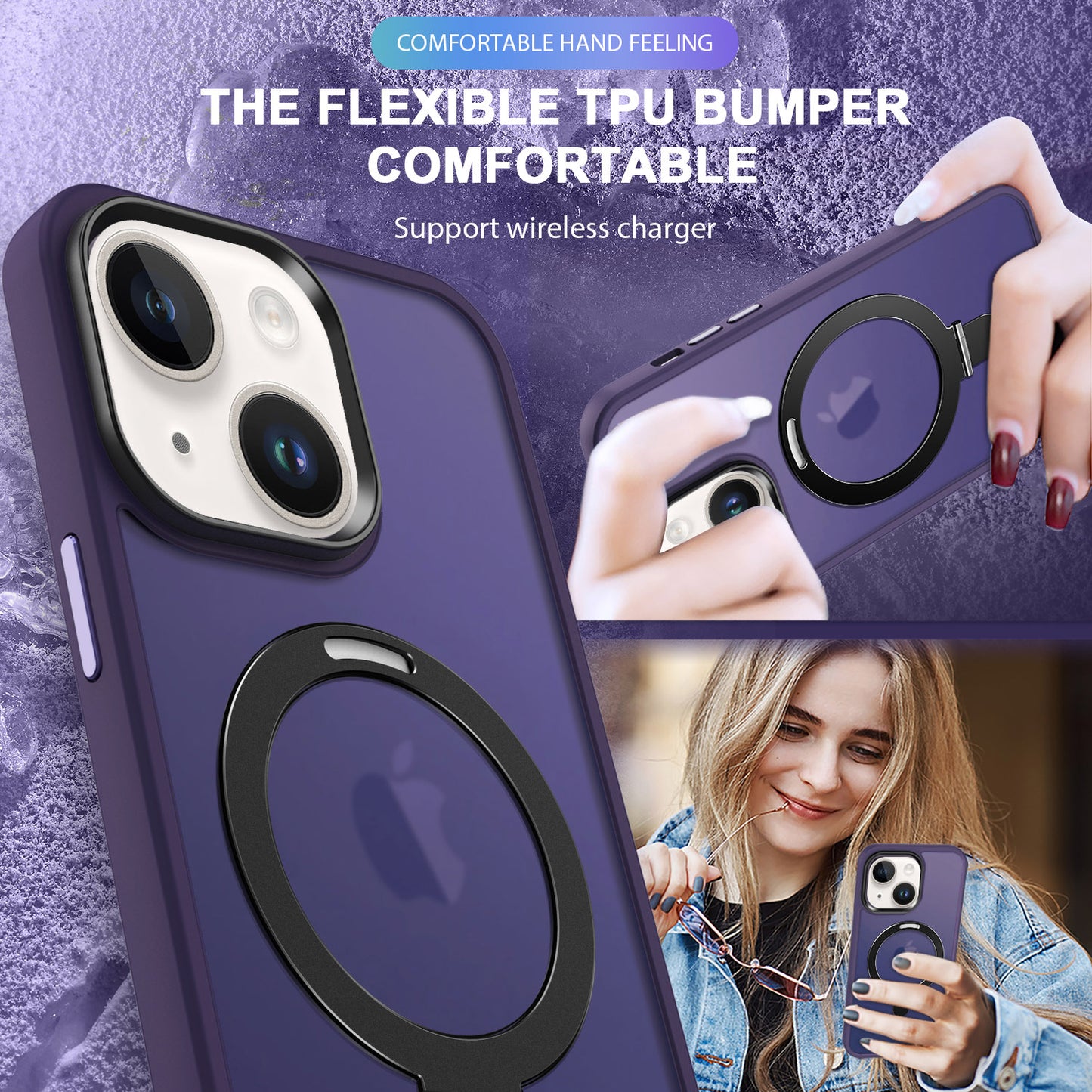 For iPhone 13 / 14 6.1 inch Compatible with MagSafe Phone Case PC+TPU Ring Kickstand Protective Cover