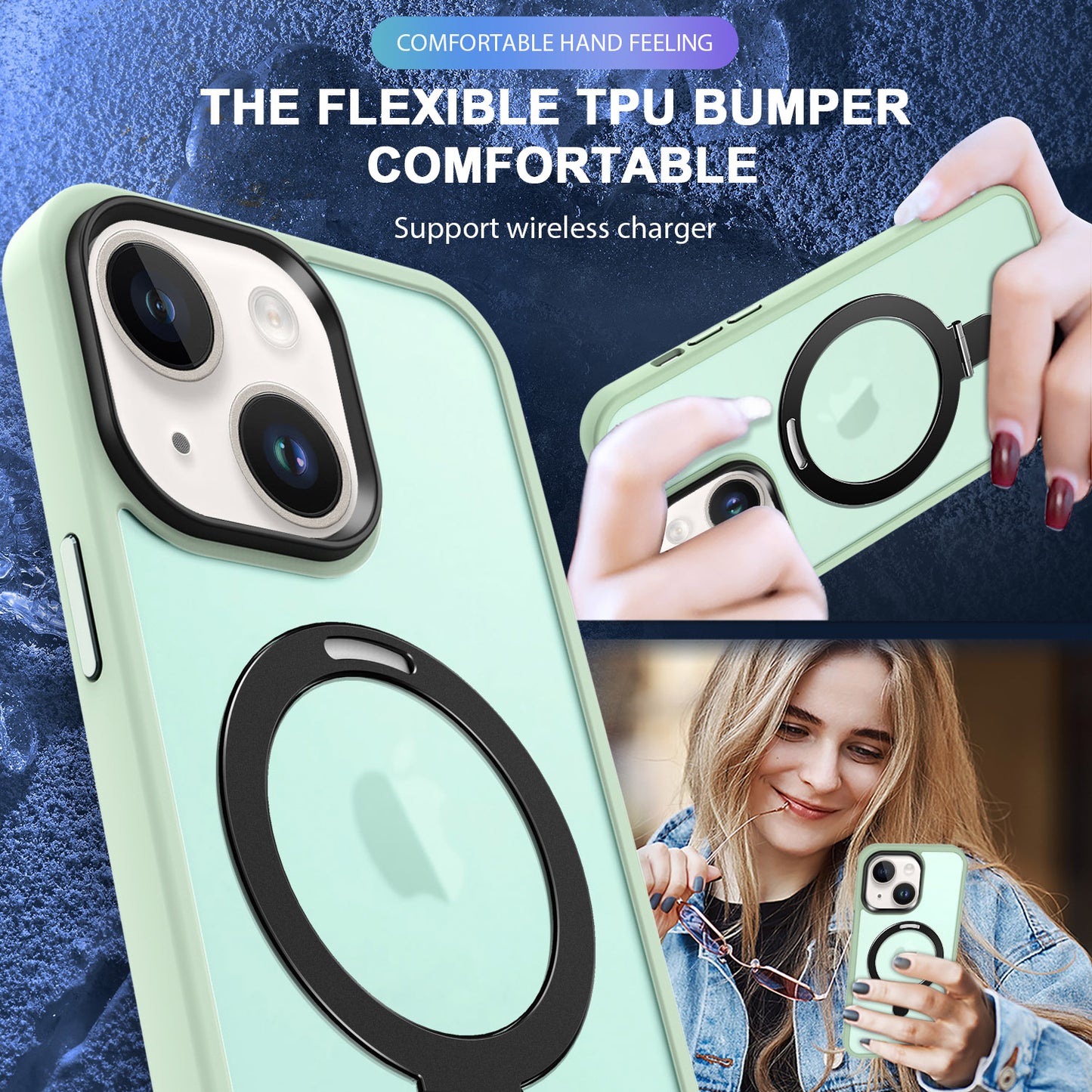 For iPhone 13 / 14 6.1 inch Compatible with MagSafe Phone Case PC+TPU Ring Kickstand Protective Cover