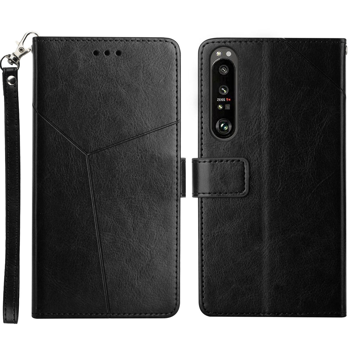 HT01 Cell Phone Cover for Sony Xperia 1 V Y-shaped Line Imprinted Stand Wallet PU Leather+TPU Cover