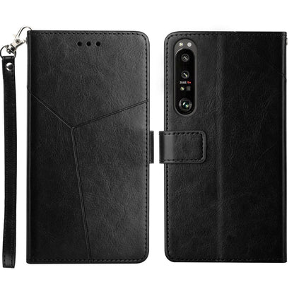 HT01 Cell Phone Cover for Sony Xperia 1 V Y-shaped Line Imprinted Stand Wallet PU Leather+TPU Cover