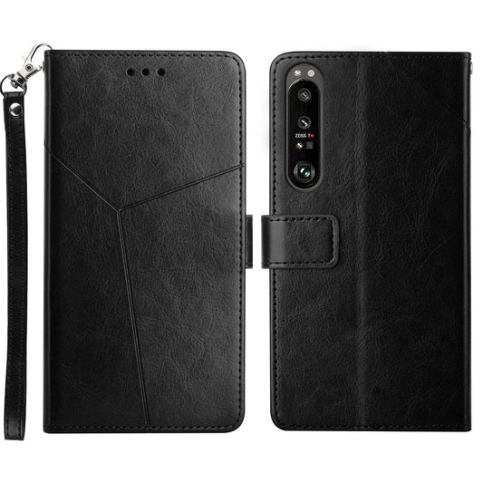 HT01 Cell Phone Cover for Sony Xperia 1 V Y-shaped Line Imprinted Stand Wallet PU Leather+TPU Cover