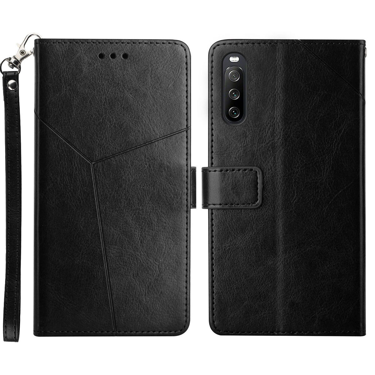 HT01 For Sony Xperia 10 V TPU+PU Leather Phone Case Imprinted Y-shaped Line Flip Stand Wallet Cover