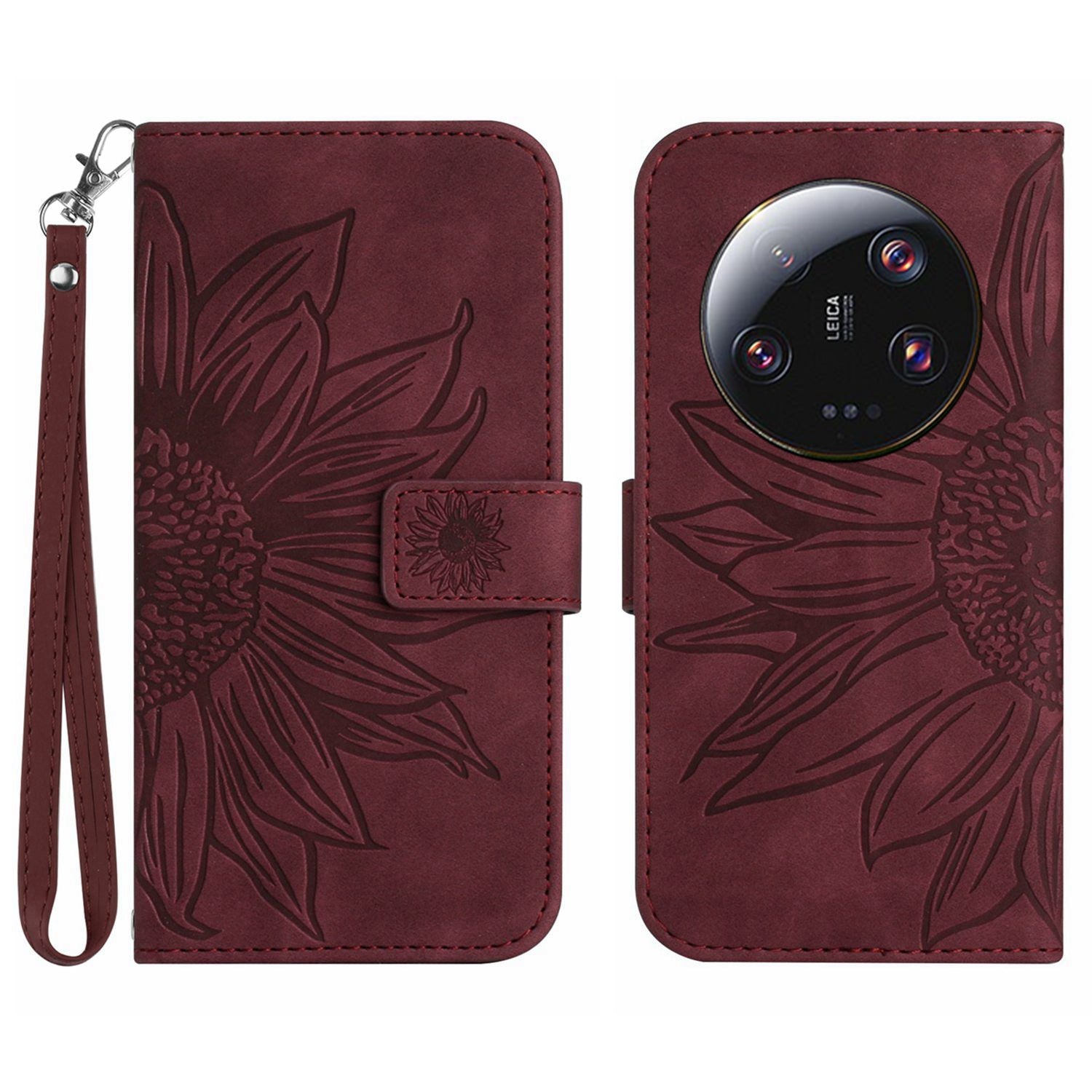 HT04 For Xiaomi 13 Ultra Anti-Dust Sunflower Pattern Wallet Cover PU Leather Stand Phone Case with Hand Strap