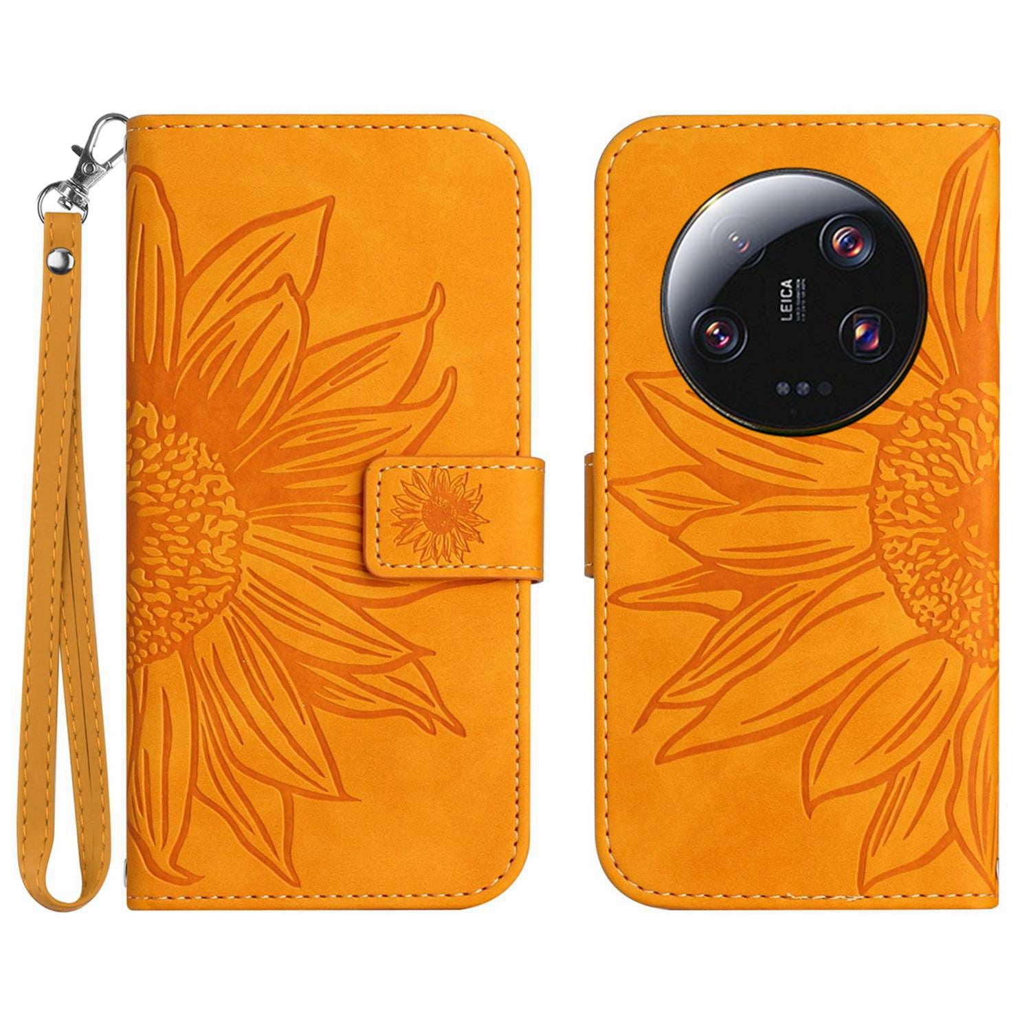 HT04 For Xiaomi 13 Ultra Anti-Dust Sunflower Pattern Wallet Cover PU Leather Stand Phone Case with Hand Strap