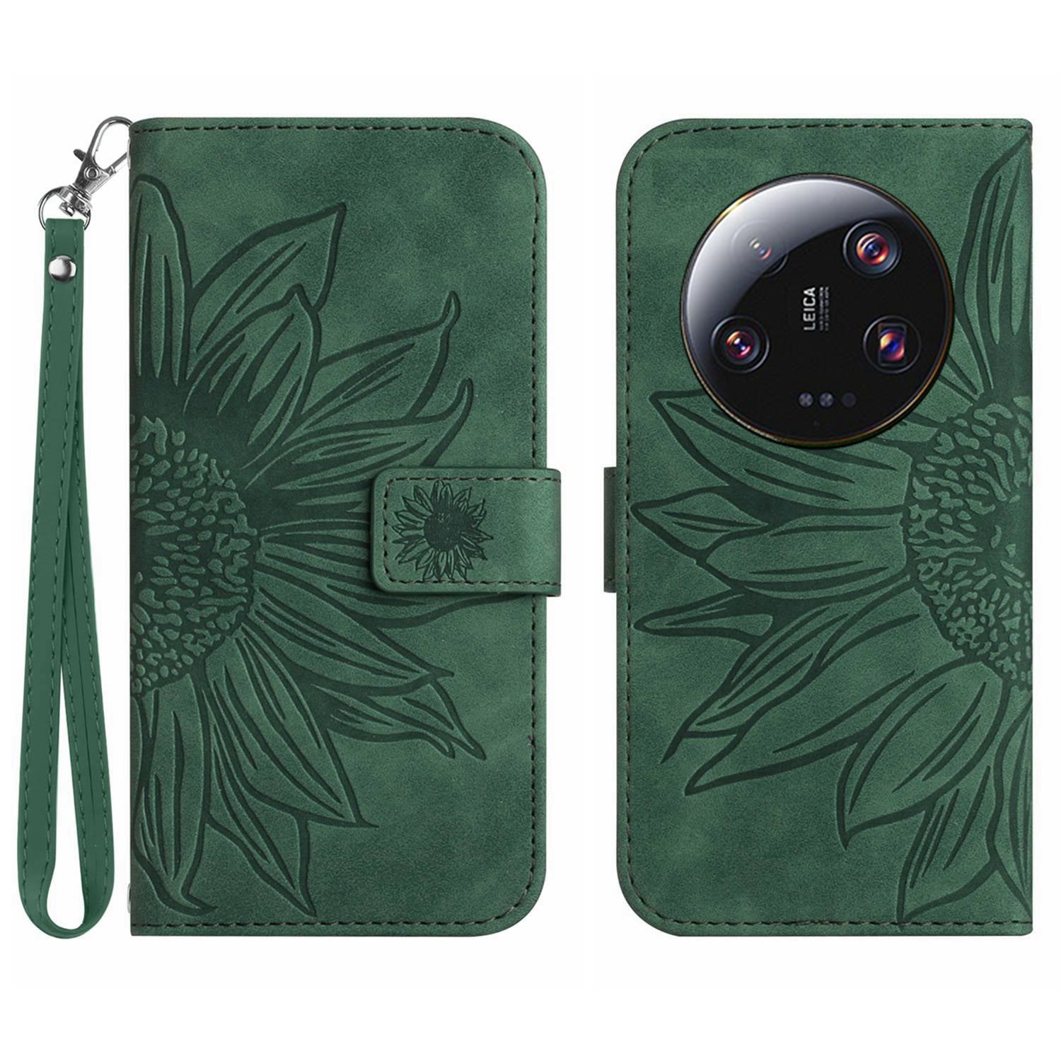 HT04 For Xiaomi 13 Ultra Anti-Dust Sunflower Pattern Wallet Cover PU Leather Stand Phone Case with Hand Strap