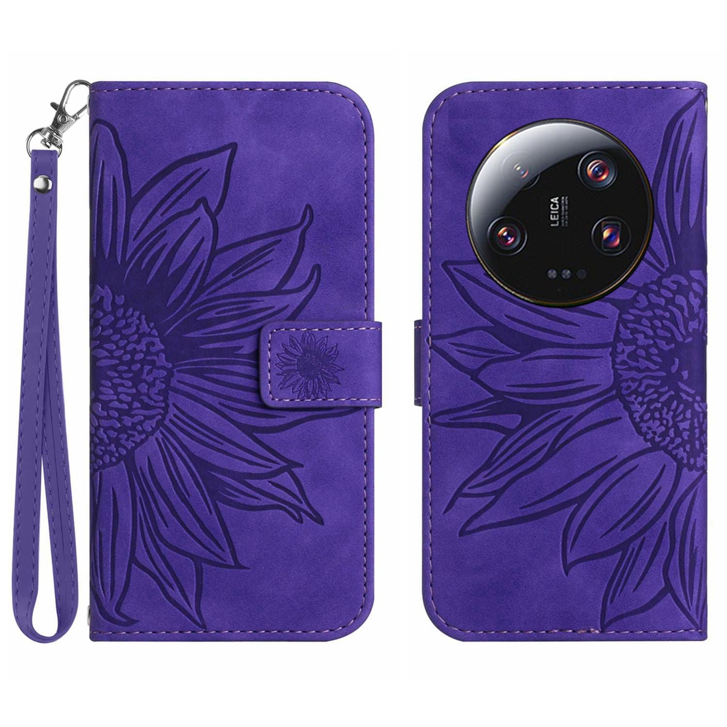 HT04 For Xiaomi 13 Ultra Anti-Dust Sunflower Pattern Wallet Cover PU Leather Stand Phone Case with Hand Strap