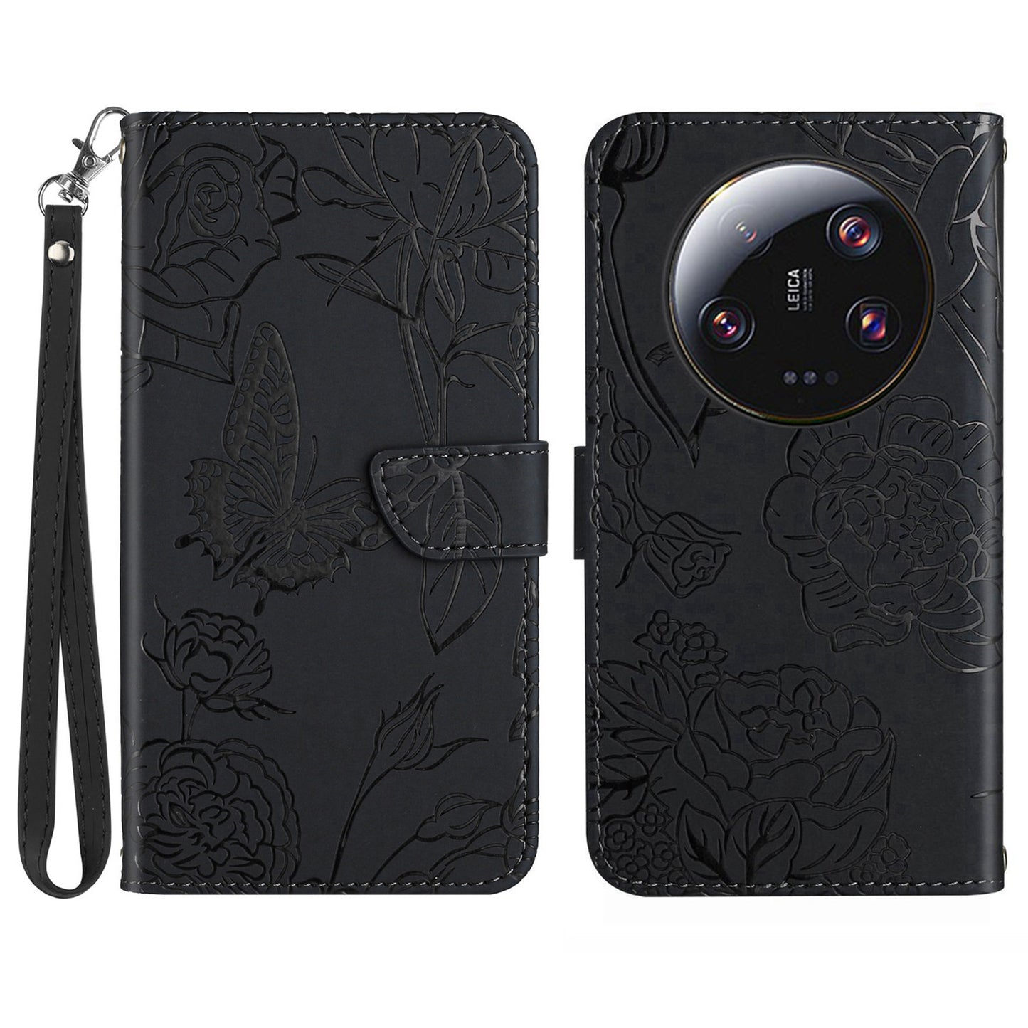 HT03 Phone Case for Xiaomi 13 Ultra PU Leather Stand Wallet Butterfly Flowers Imprinted Flip Cover with Strap