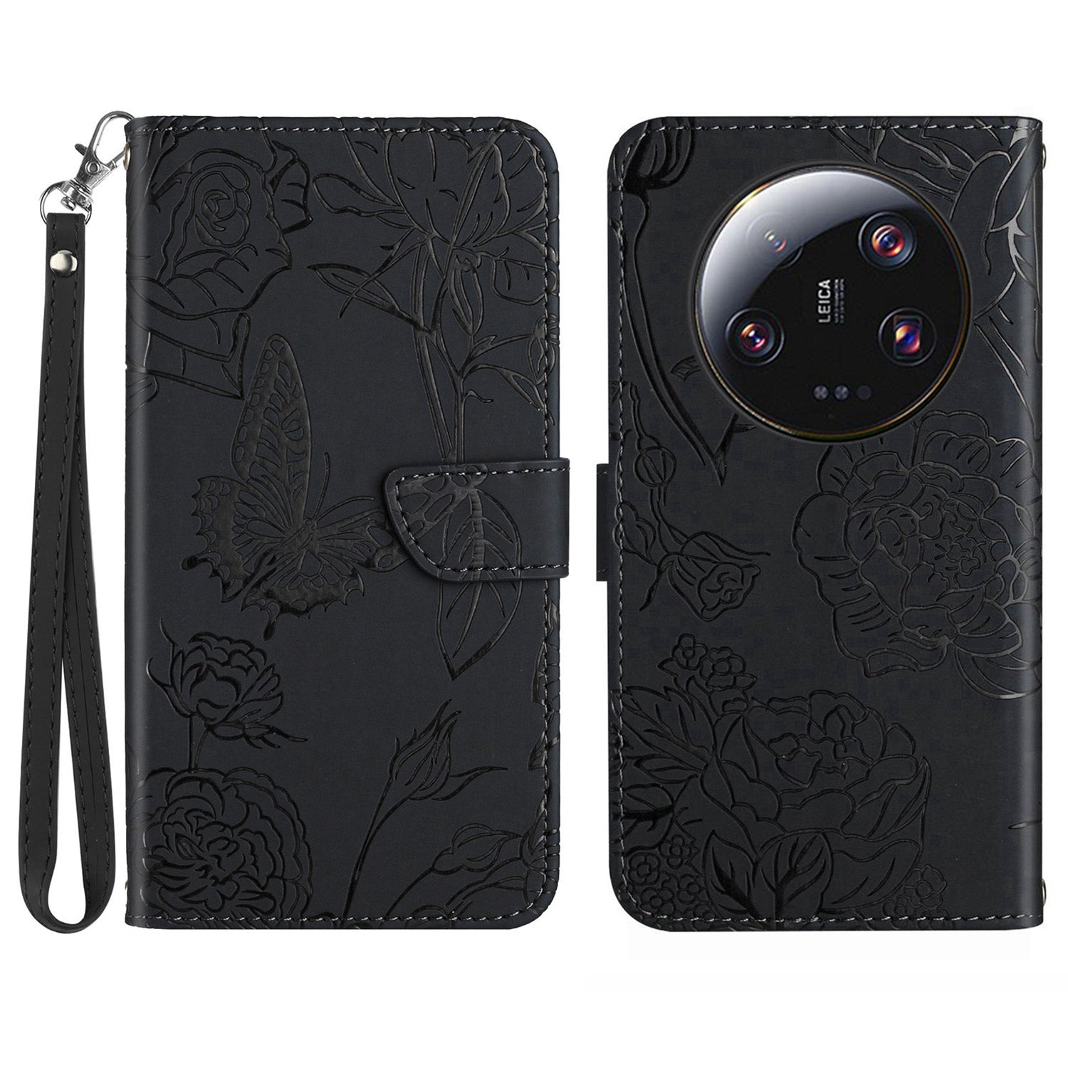 HT03 Phone Case for Xiaomi 13 Ultra PU Leather Stand Wallet Butterfly Flowers Imprinted Flip Cover with Strap