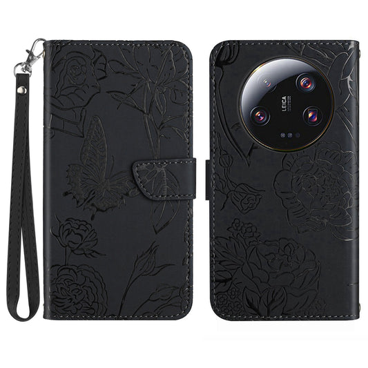 HT03 Phone Case for Xiaomi 13 Ultra PU Leather Stand Wallet Butterfly Flowers Imprinted Flip Cover with Strap