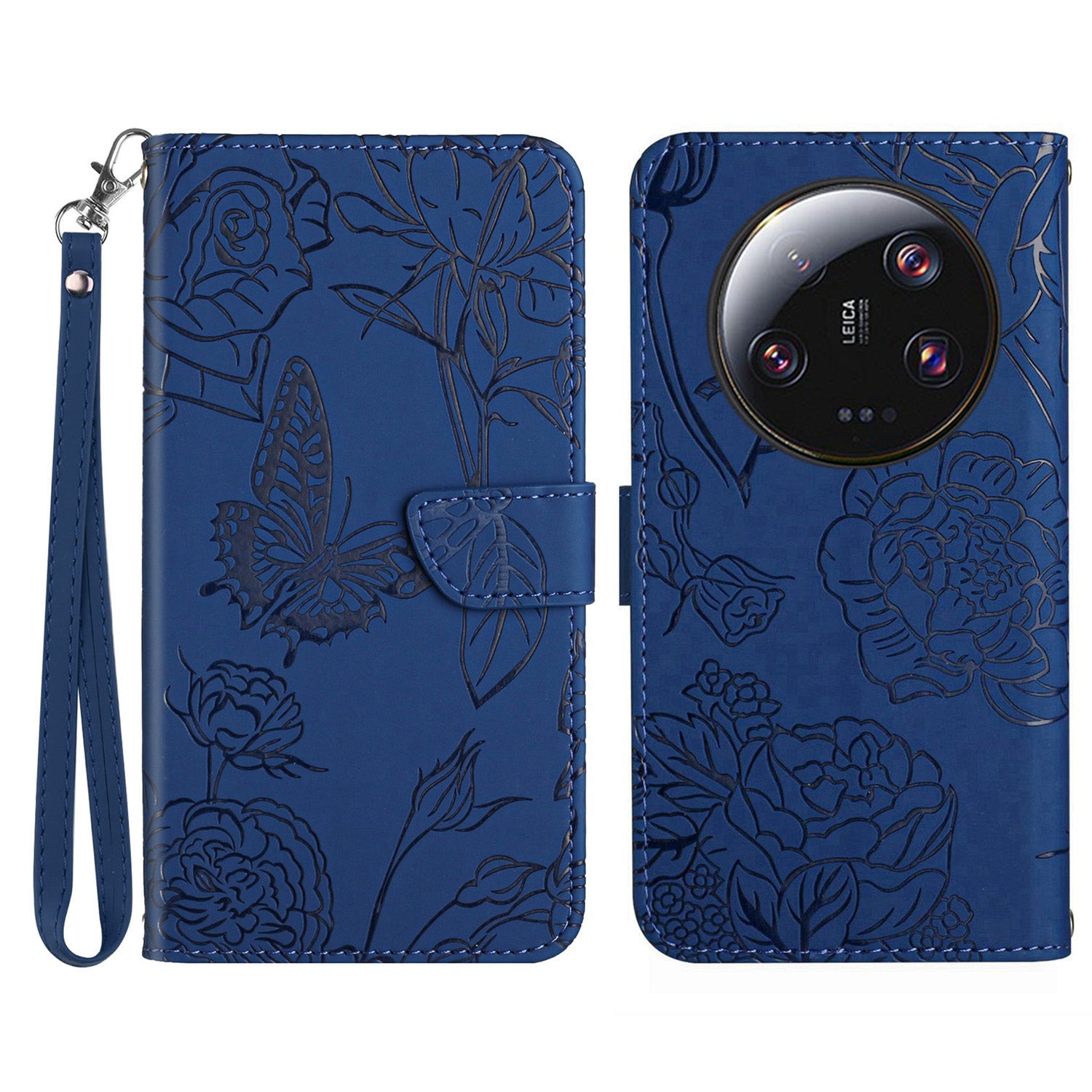 HT03 Phone Case for Xiaomi 13 Ultra PU Leather Stand Wallet Butterfly Flowers Imprinted Flip Cover with Strap