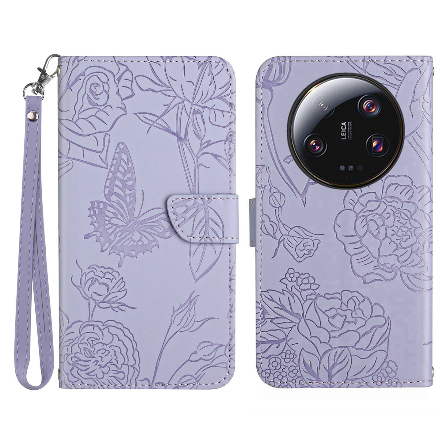 HT03 Phone Case for Xiaomi 13 Ultra PU Leather Stand Wallet Butterfly Flowers Imprinted Flip Cover with Strap
