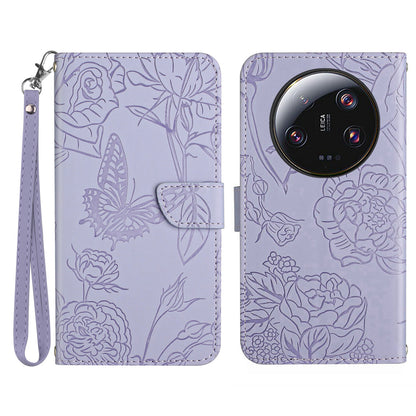 HT03 Phone Case for Xiaomi 13 Ultra PU Leather Stand Wallet Butterfly Flowers Imprinted Flip Cover with Strap