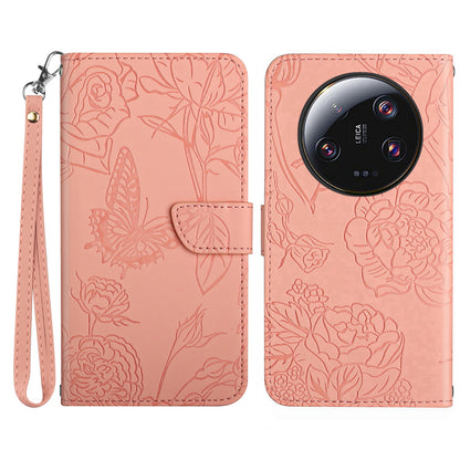HT03 Phone Case for Xiaomi 13 Ultra PU Leather Stand Wallet Butterfly Flowers Imprinted Flip Cover with Strap