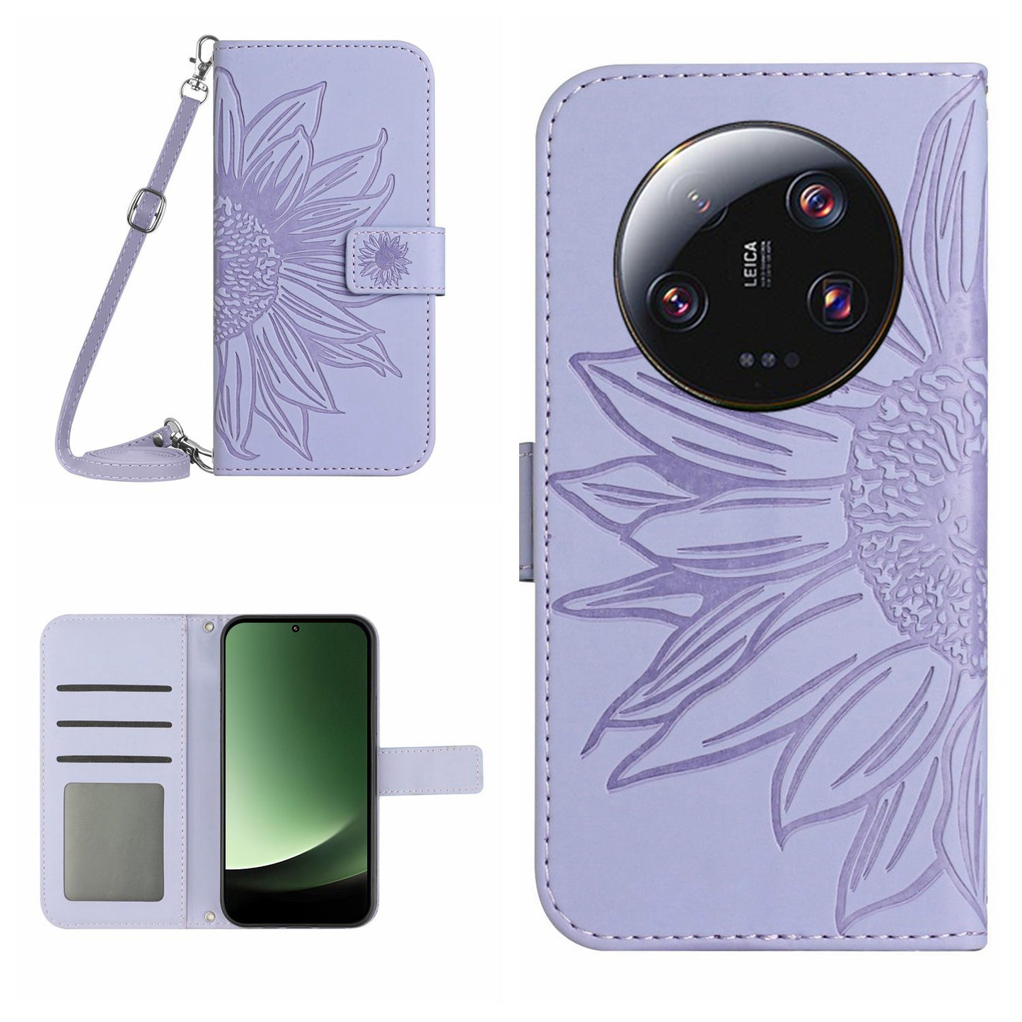 HT04 For Xiaomi 13 Ultra Stand Phone Case Wallet Sunflower Pattern Skin-touch Leather Cover with Shoulder Strap