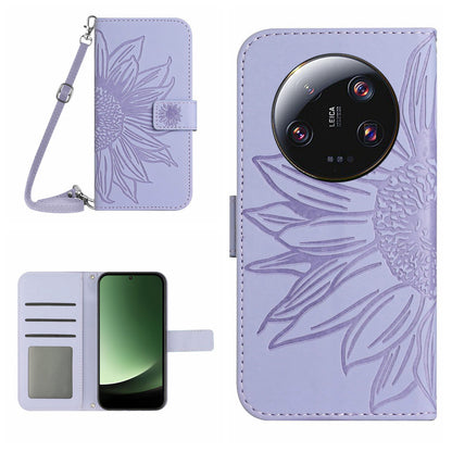 HT04 For Xiaomi 13 Ultra Stand Phone Case Wallet Sunflower Pattern Skin-touch Leather Cover with Shoulder Strap