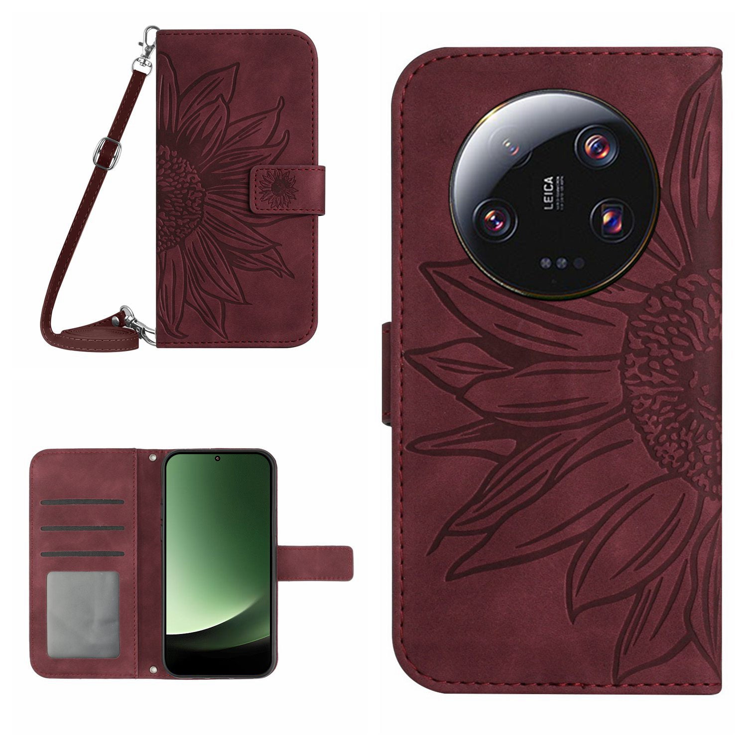HT04 For Xiaomi 13 Ultra Stand Phone Case Wallet Sunflower Pattern Skin-touch Leather Cover with Shoulder Strap