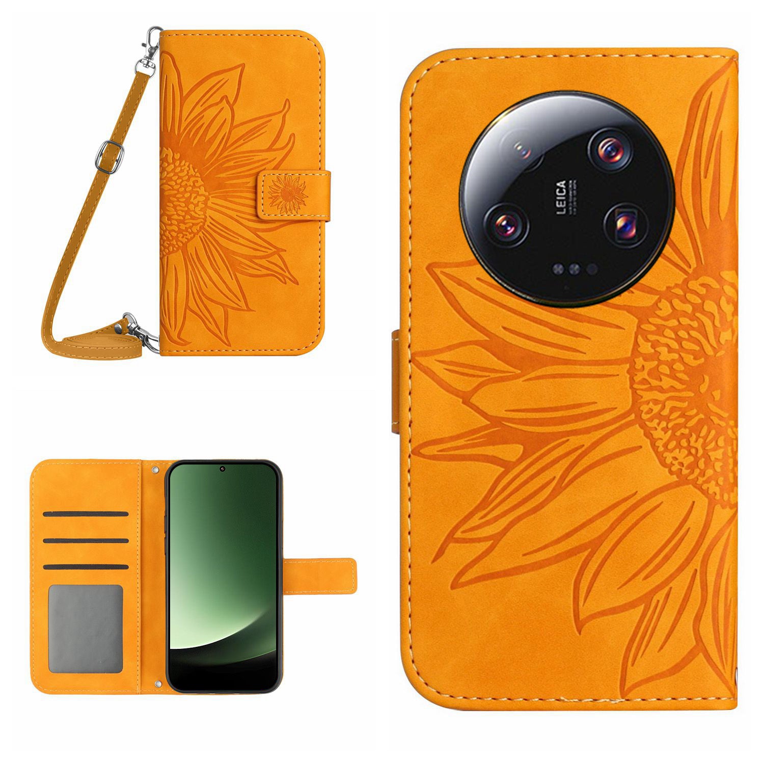 HT04 For Xiaomi 13 Ultra Stand Phone Case Wallet Sunflower Pattern Skin-touch Leather Cover with Shoulder Strap