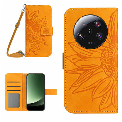 HT04 For Xiaomi 13 Ultra Stand Phone Case Wallet Sunflower Pattern Skin-touch Leather Cover with Shoulder Strap