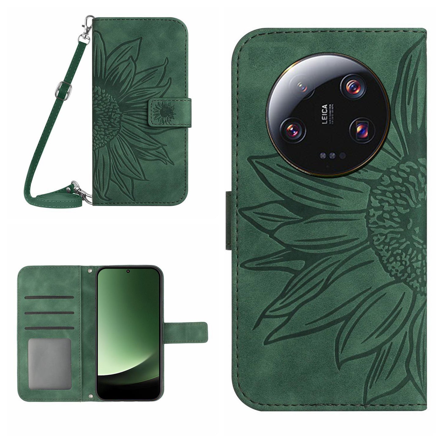 HT04 For Xiaomi 13 Ultra Stand Phone Case Wallet Sunflower Pattern Skin-touch Leather Cover with Shoulder Strap