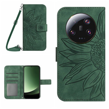 HT04 For Xiaomi 13 Ultra Stand Phone Case Wallet Sunflower Pattern Skin-touch Leather Cover with Shoulder Strap