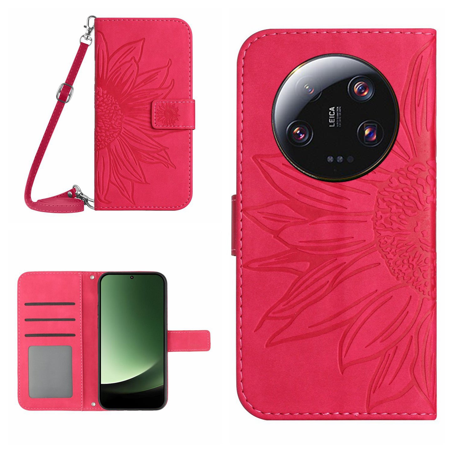 HT04 For Xiaomi 13 Ultra Stand Phone Case Wallet Sunflower Pattern Skin-touch Leather Cover with Shoulder Strap