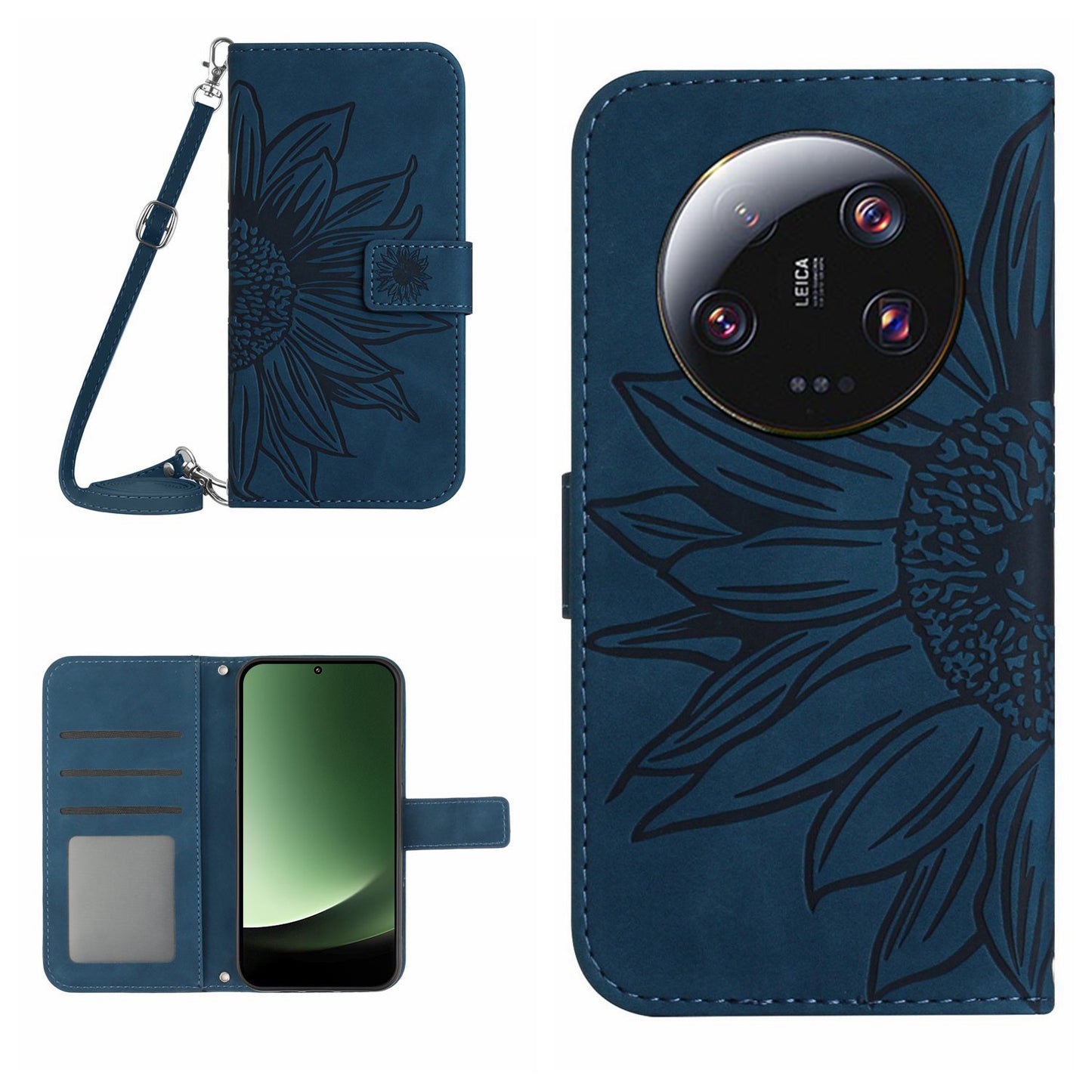 HT04 For Xiaomi 13 Ultra Stand Phone Case Wallet Sunflower Pattern Skin-touch Leather Cover with Shoulder Strap