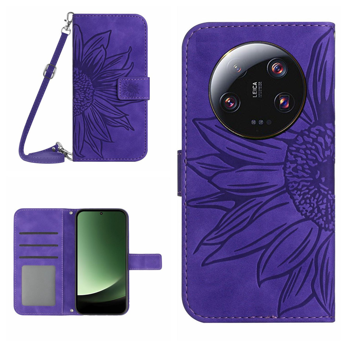 HT04 For Xiaomi 13 Ultra Stand Phone Case Wallet Sunflower Pattern Skin-touch Leather Cover with Shoulder Strap