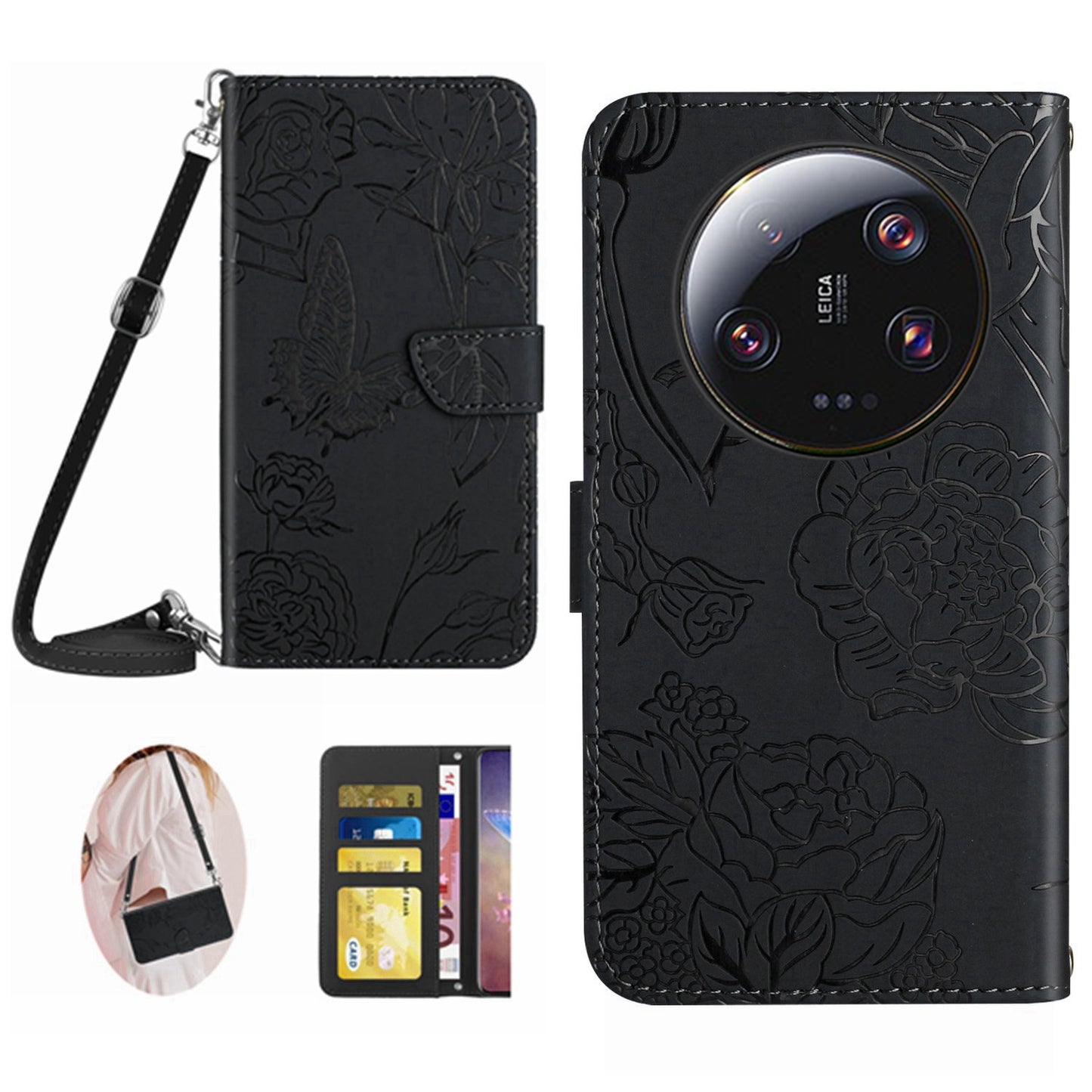 HT03 Phone Case for Xiaomi 13 Ultra PU Leather Butterfly Flowers Imprinted Stand Wallet Cover with Shoulder Strap