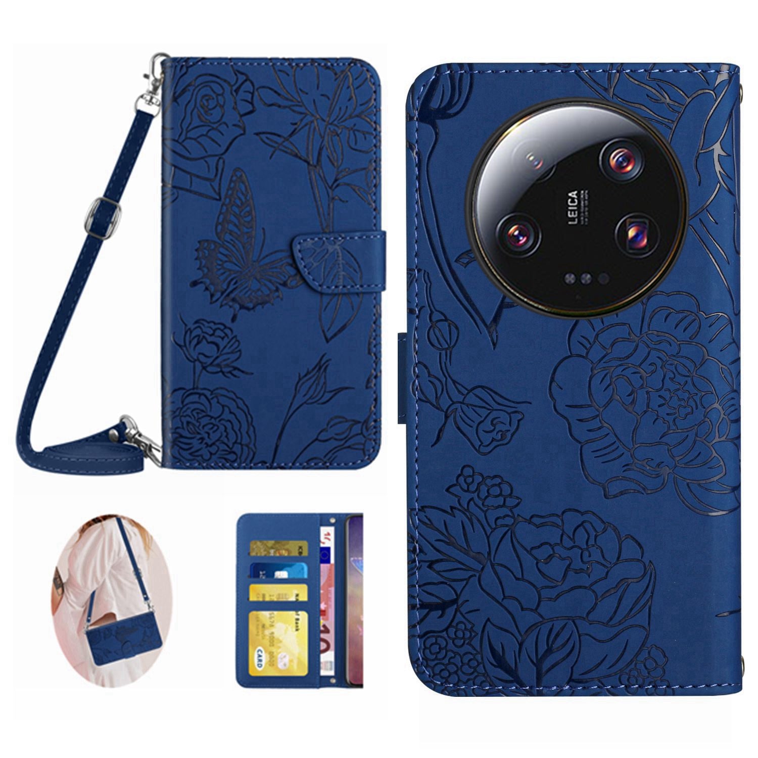 HT03 Phone Case for Xiaomi 13 Ultra PU Leather Butterfly Flowers Imprinted Stand Wallet Cover with Shoulder Strap
