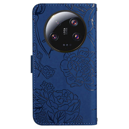 HT03 Phone Case for Xiaomi 13 Ultra PU Leather Butterfly Flowers Imprinted Stand Wallet Cover with Shoulder Strap
