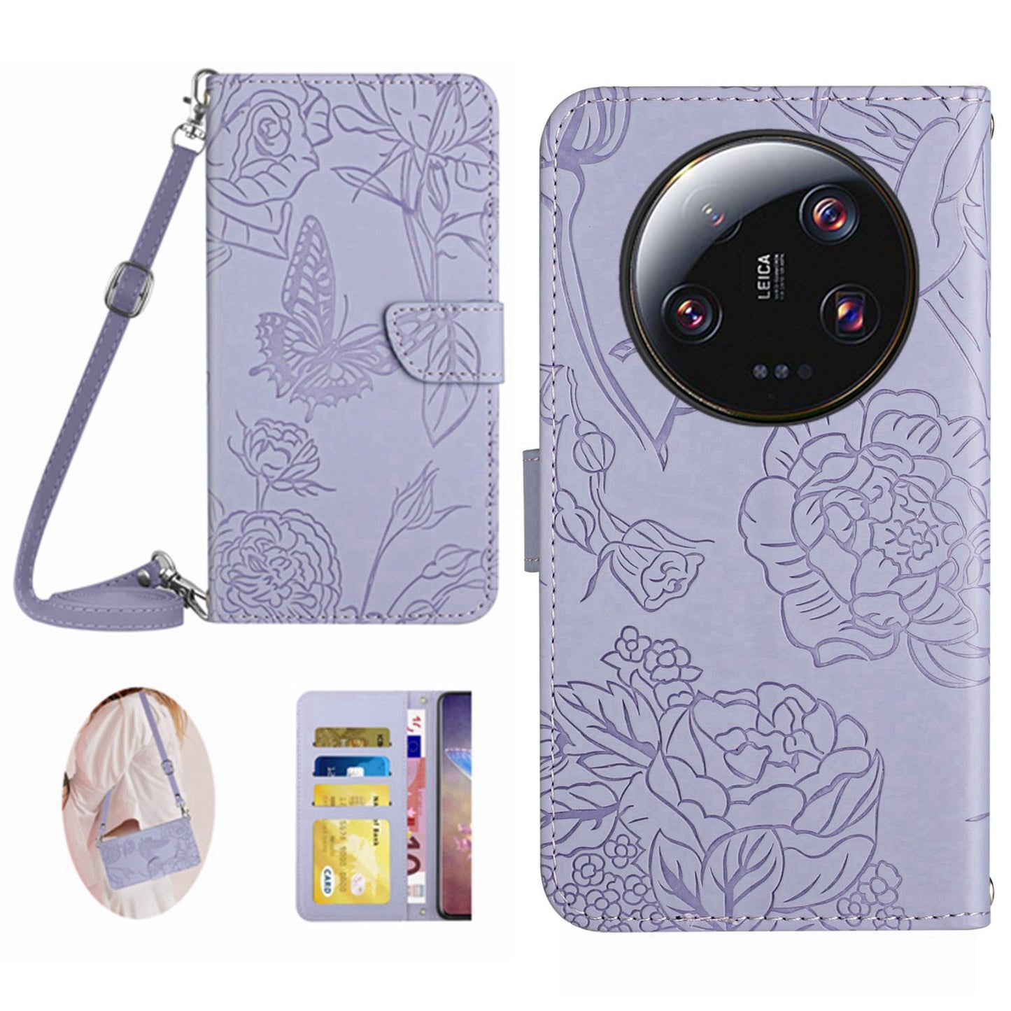 HT03 Phone Case for Xiaomi 13 Ultra PU Leather Butterfly Flowers Imprinted Stand Wallet Cover with Shoulder Strap