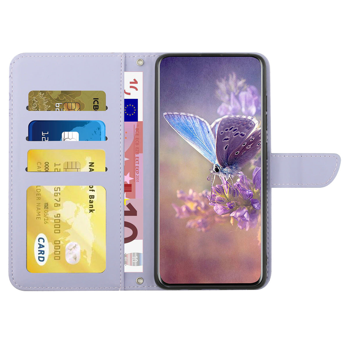 HT03 Phone Case for Xiaomi 13 Ultra PU Leather Butterfly Flowers Imprinted Stand Wallet Cover with Shoulder Strap