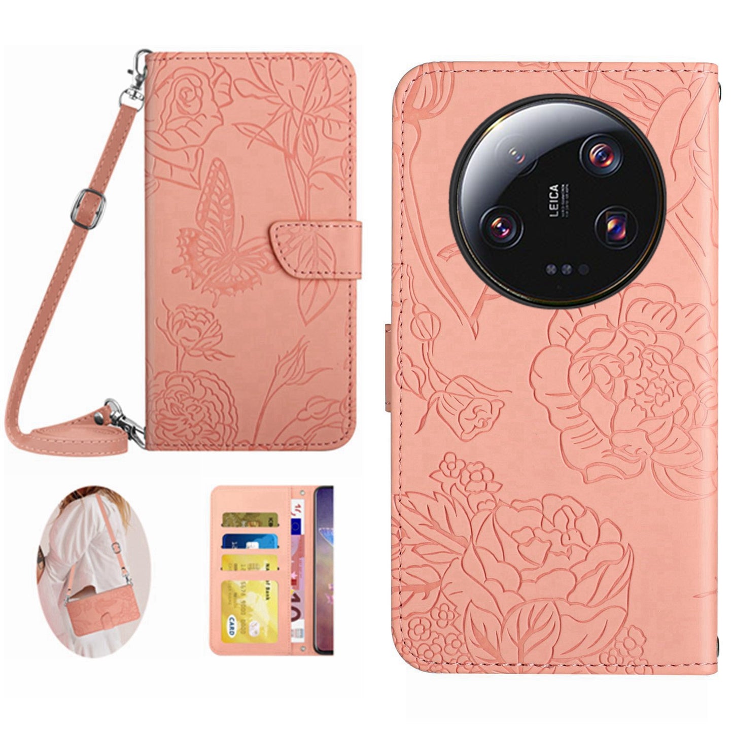 HT03 Phone Case for Xiaomi 13 Ultra PU Leather Butterfly Flowers Imprinted Stand Wallet Cover with Shoulder Strap